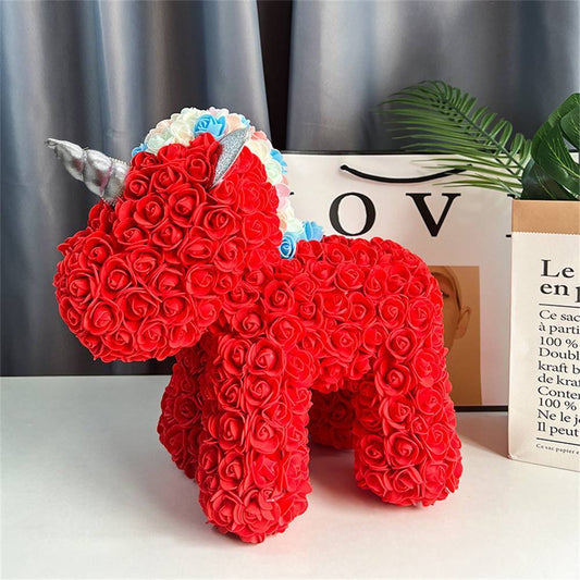 Handmade PE foam Rose Flower Unicorn front view – romantic Valentine's Day gift for her, rose‑petal unicorn keepsake