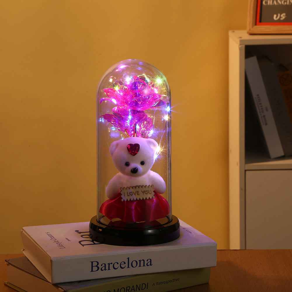 Romantic Simulation Eternal Rose Flower Bear Glass Cover LED Night Light