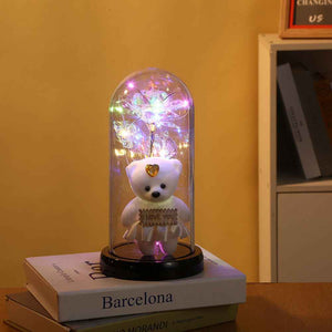 Romantic Simulation Eternal Rose Flower Bear Glass Cover LED Night Light