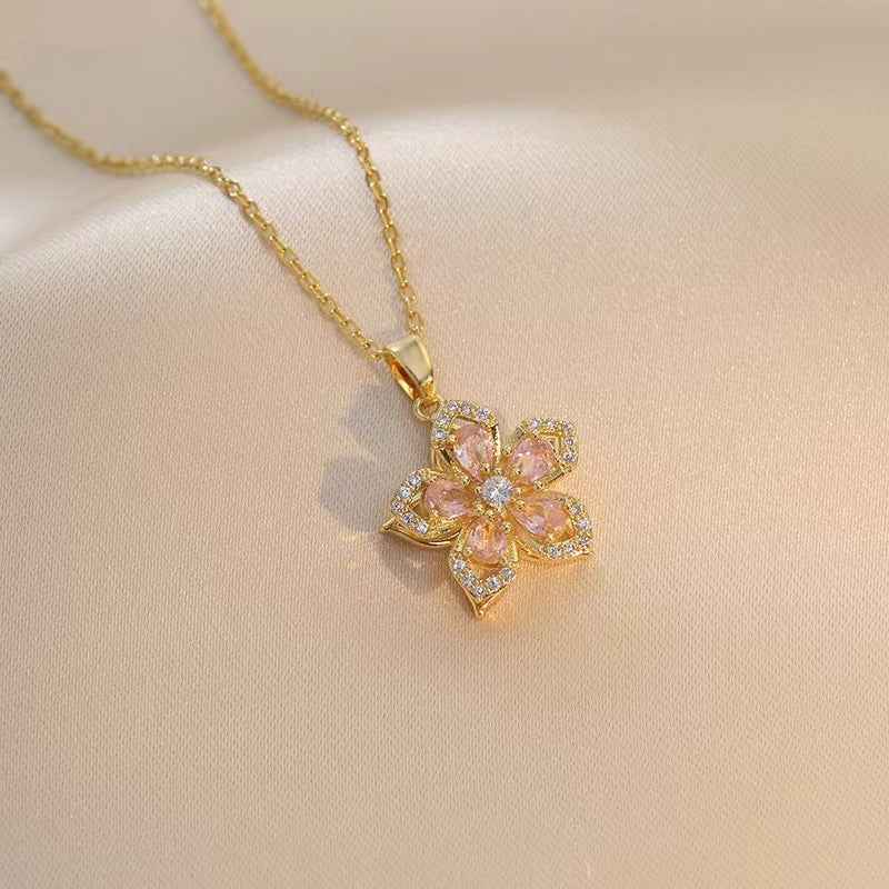 Floral Birthstone Necklace Lotus Flower Gemstone Necklace with Rotating Crystal Flower