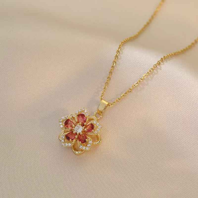 Floral Birthstone Necklace Lotus Flower Gemstone Necklace with Rotating Crystal Flower