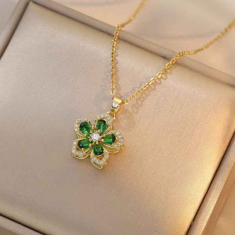 Floral Birthstone Necklace Lotus Flower Gemstone Necklace with Rotating Crystal Flower