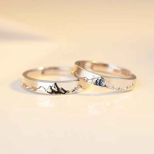 Mountain Ocean Couple Rings Matching Adjustable Ring Jewelry Gift for Lovers