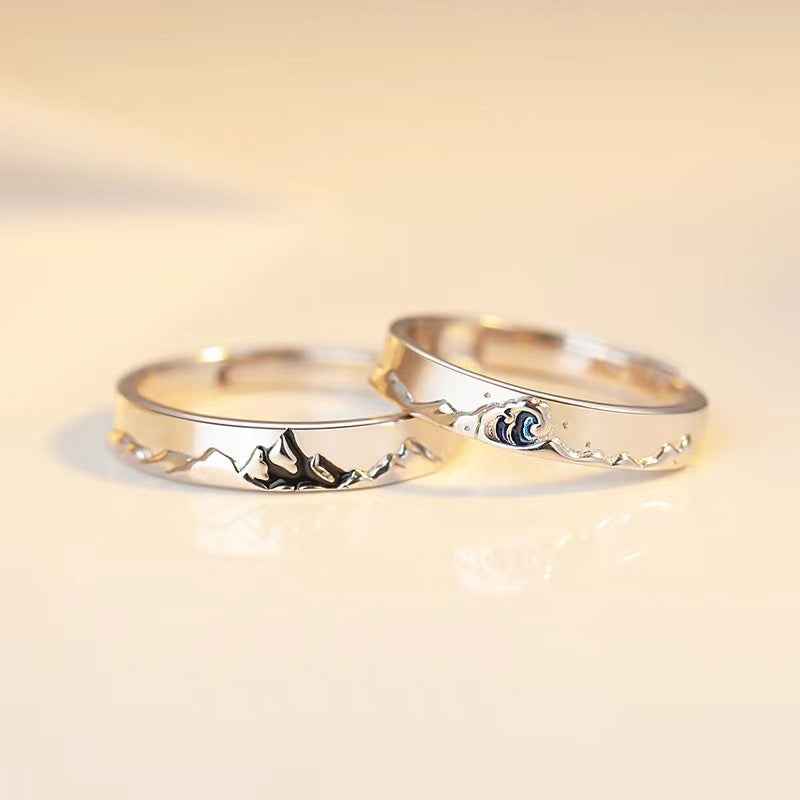 Mountain Ocean Couple Rings Matching Adjustable Ring Jewelry Gift for Lovers