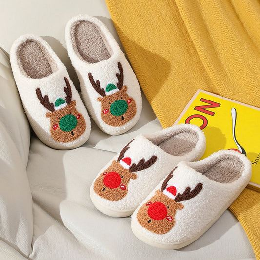 Christmas Reindeer Plush Slippers — cute reindeer face, soft plush exterior and padded inner for comfortable slip‑ons, ideal festive home wear