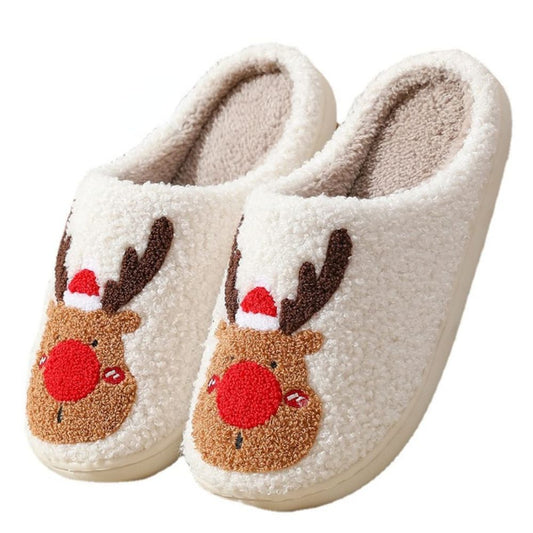 Christmas Reindeer Plush Slippers — cute reindeer face, soft plush exterior and padded inner for comfortable slip‑ons, ideal festive home wear