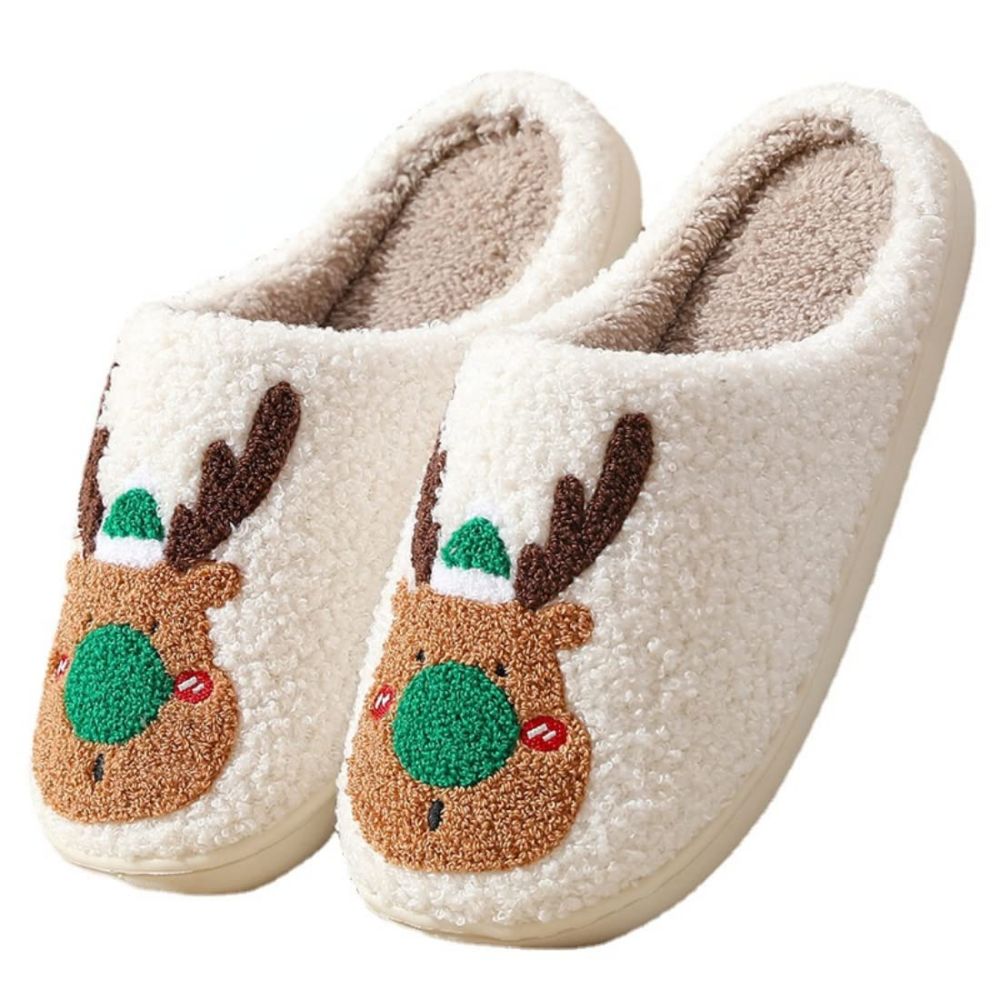 Pair of Christmas Reindeer Plush Slippers on a neutral background, showing cosy cotton lining and plush padding — perfect Christmas gift