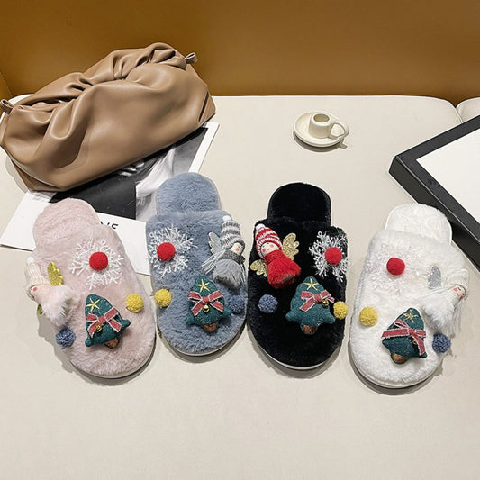 Front view of Christmas Tree Angel plush slippers - comfortable slip-ons with festive tree and angel motif, soft plush upper and padded underside for cosy indoor wear