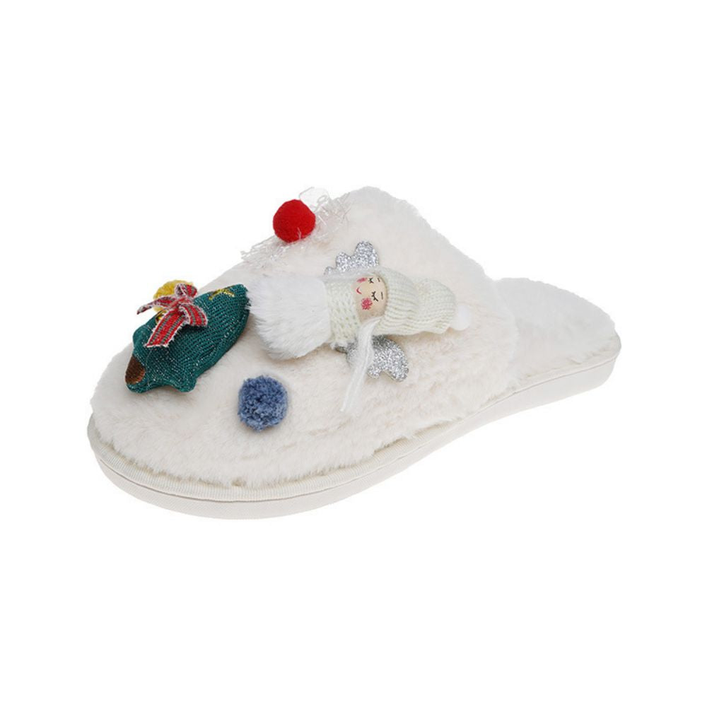 Front view of Christmas Tree Angel plush slippers - comfortable slip-ons with festive tree and angel motif, soft plush upper and padded underside for cosy indoor wear