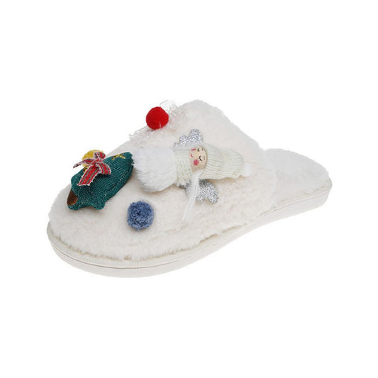 Front view of Christmas Tree Angel plush slippers - comfortable slip-ons with festive tree and angel motif, soft plush upper and padded underside for cosy indoor wear