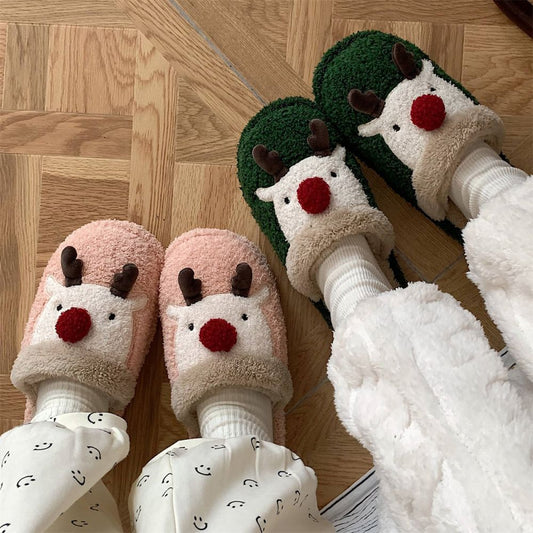 Christmas Elk Plush Slippers main front view — cotton-feel plush slip-ons with charming elk motif and padded footbed for cosy indoor wear