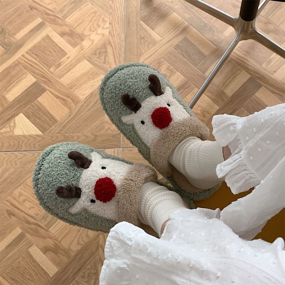 Christmas Elk Plush Slippers main front view — cotton-feel plush slip-ons with charming elk motif and padded footbed for cosy indoor wear