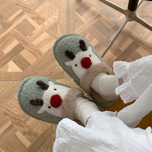 Christmas Elk Plush Slippers main front view — cotton-feel plush slip-ons with charming elk motif and padded footbed for cosy indoor wear