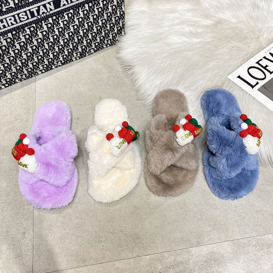 Criss-cross fluffy Christmas slippers with hat decoration — cosy plush bedroom slippers with padded underside and open-front slip-on design