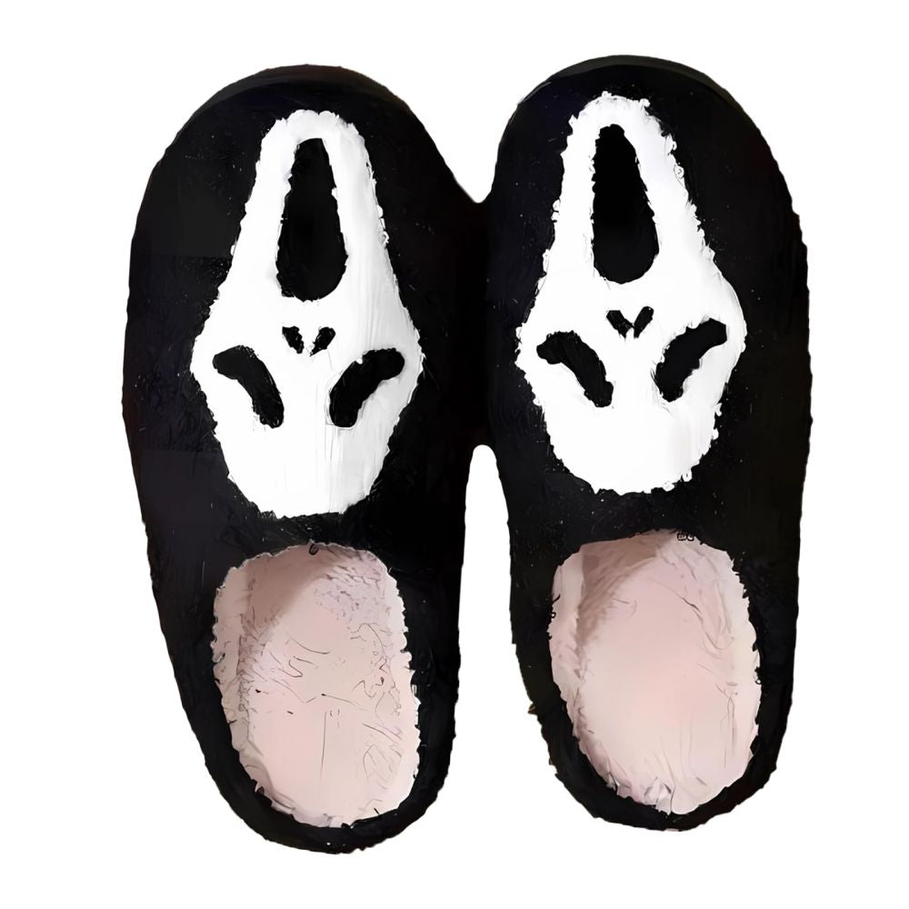 Halloween Ghost Plush Slippers side view showing plush texture and embroidered ghost face soft cosy indoor slippers for men and women