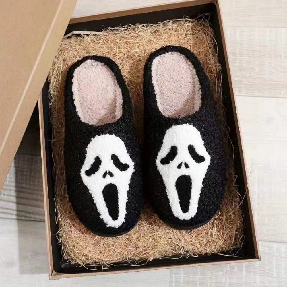 Halloween Ghost Plush Slippers front view soft white plush novelty ghost design unisex cosy home slippers ideal Halloween gift