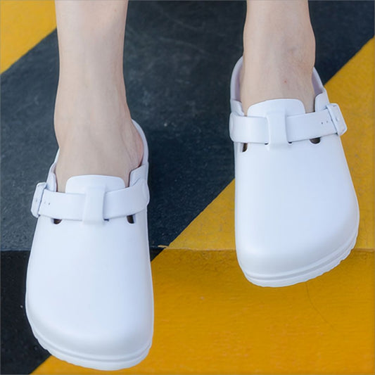 Top view of EVA mules highlighting deep heel cup and low arch support for improved gait and reduced foot fatigue — practical closed-toe work clogs