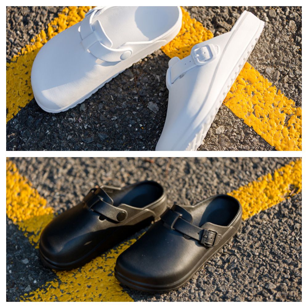 Side profile of EVA comfort clogs showing closed-toe front, cushioned sole and stable support — ideal slip-on footwear for nurses, lab staff and gardeners