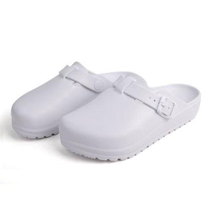 Top view of EVA mules highlighting deep heel cup and low arch support for improved gait and reduced foot fatigue — practical closed-toe work clogs