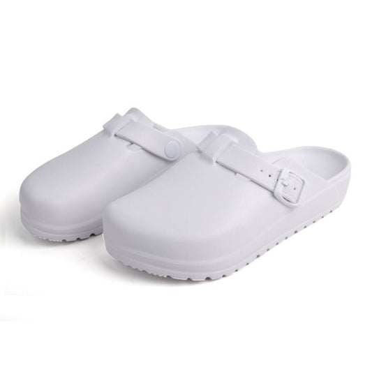 Top view of EVA mules highlighting deep heel cup and low arch support for improved gait and reduced foot fatigue — practical closed-toe work clogs