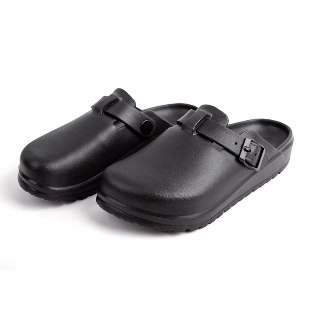 Top view of EVA mules highlighting deep heel cup and low arch support for improved gait and reduced foot fatigue — practical closed-toe work clogs