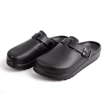 Top view of EVA mules highlighting deep heel cup and low arch support for improved gait and reduced foot fatigue — practical closed-toe work clogs