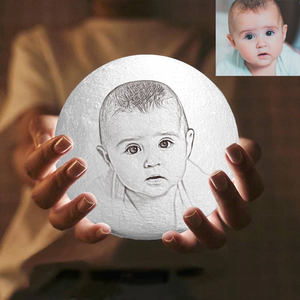 Personalised 3D-Printed Photo Moon Lamp on wooden base displaying double-sided custom photo and engraved text, soft adjustable LED ambience — perfect customised lunar light gift