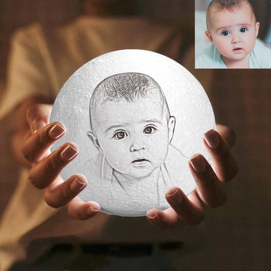 Personalised 3D-Printed Photo Moon Lamp on wooden base displaying double-sided custom photo and engraved text, soft adjustable LED ambience — perfect customised lunar light gift