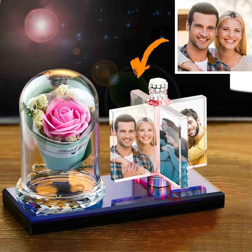 Custom Rotating Windmill Light Crystal Photo Frame with Romantic Rose