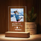 Black LED lamp base displaying a clear personalised scannable music plaque and engraved keyring for a romantic gift