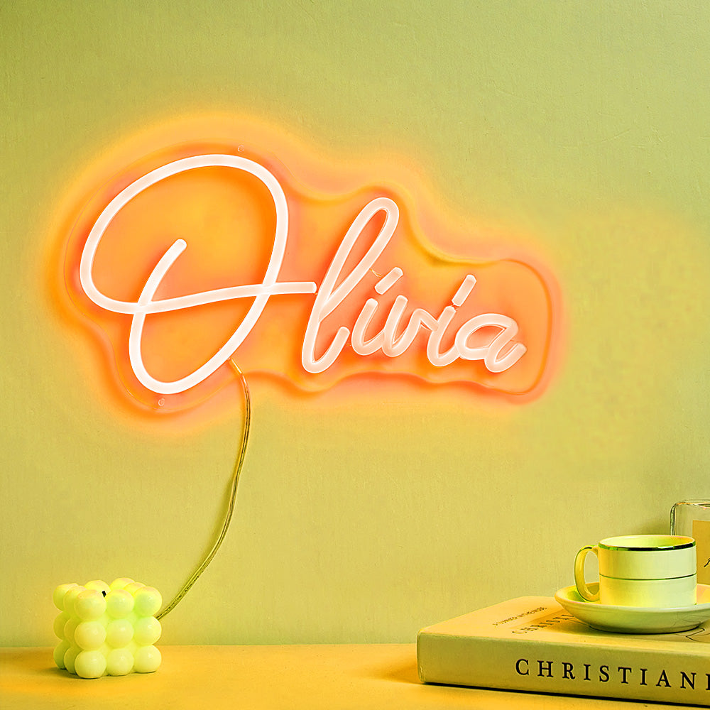 Custom personalised neon name lamp freestanding on a shelf — LED neon sign adding ambient light to bedroom or living area