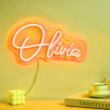 Custom personalised neon name lamp freestanding on a shelf — LED neon sign adding ambient light to bedroom or living area