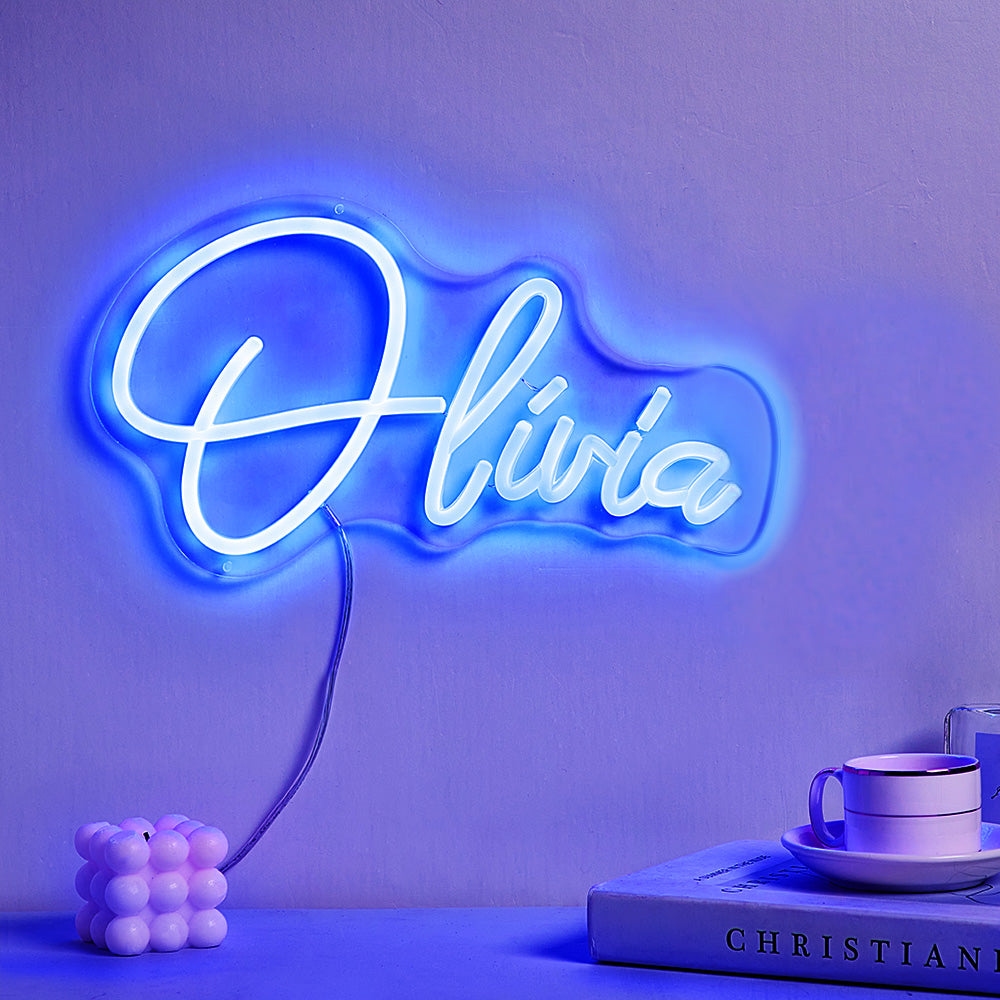 Close-up of LED tubing and script detail on custom personalised neon name lamp — quality personalised neon sign craftsmanship