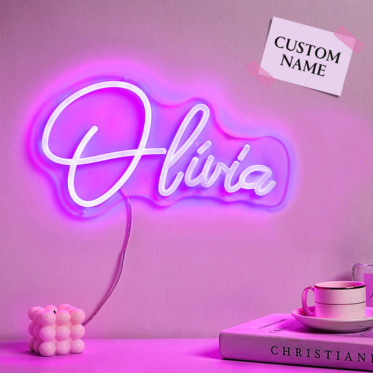 Custom personalised neon name lamp lit in script style — LED neon sign for bedroom, stylish personalised lamp