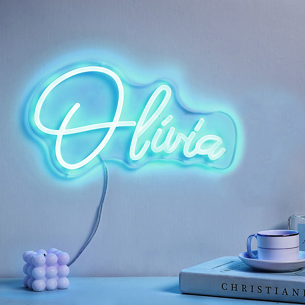 Personalised neon name lamp as a thoughtful gift on a bedside table — LED neon sign ideal for housewarmings and special occasions