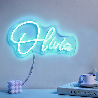 Personalised neon name lamp as a thoughtful gift on a bedside table — LED neon sign ideal for housewarmings and special occasions