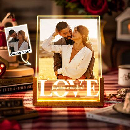 Close‑up of engraved acrylic plate and stylish wooden base of personalised lamp, showing crisp engraving detail and low‑power LED illumination — ideal personalised gift