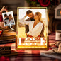 Close‑up of engraved acrylic plate and stylish wooden base of personalised lamp, showing crisp engraving detail and low‑power LED illumination — ideal personalised gift