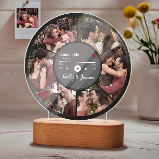 Personalised night light with custom photo collage laser‑engraved on an acrylic panel seated in a natural wooden base, warm LED glow — personalised lamp, anniversary or wedding gift for couples