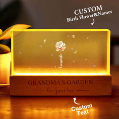 Grandma‘s Garden Birth Month Flowers Personalized Acrylic Block LED Night Light A Heartfelt Gift for Grandma’s Birthday Mother’s Day