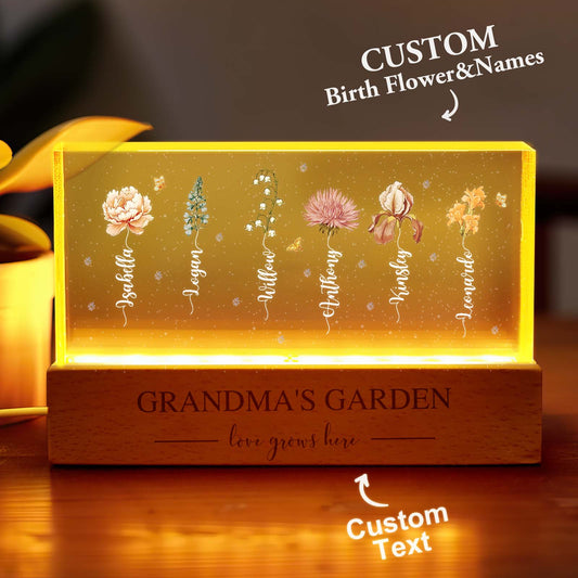 Front view of personalised birth flower night light for Grandma — LED acrylic keepsake with engraved names