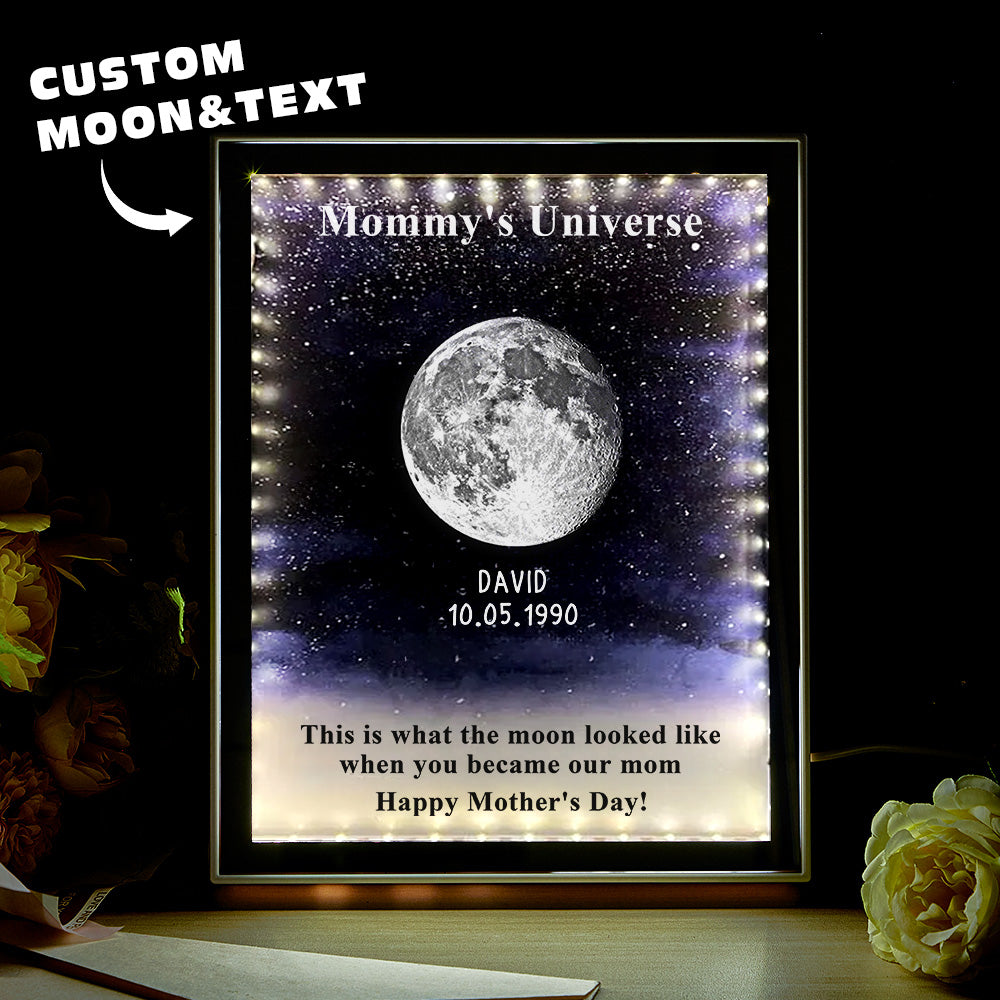 Front view of the Moon Phase Light Box Mirror, premium glass frame and illuminated moon phase art