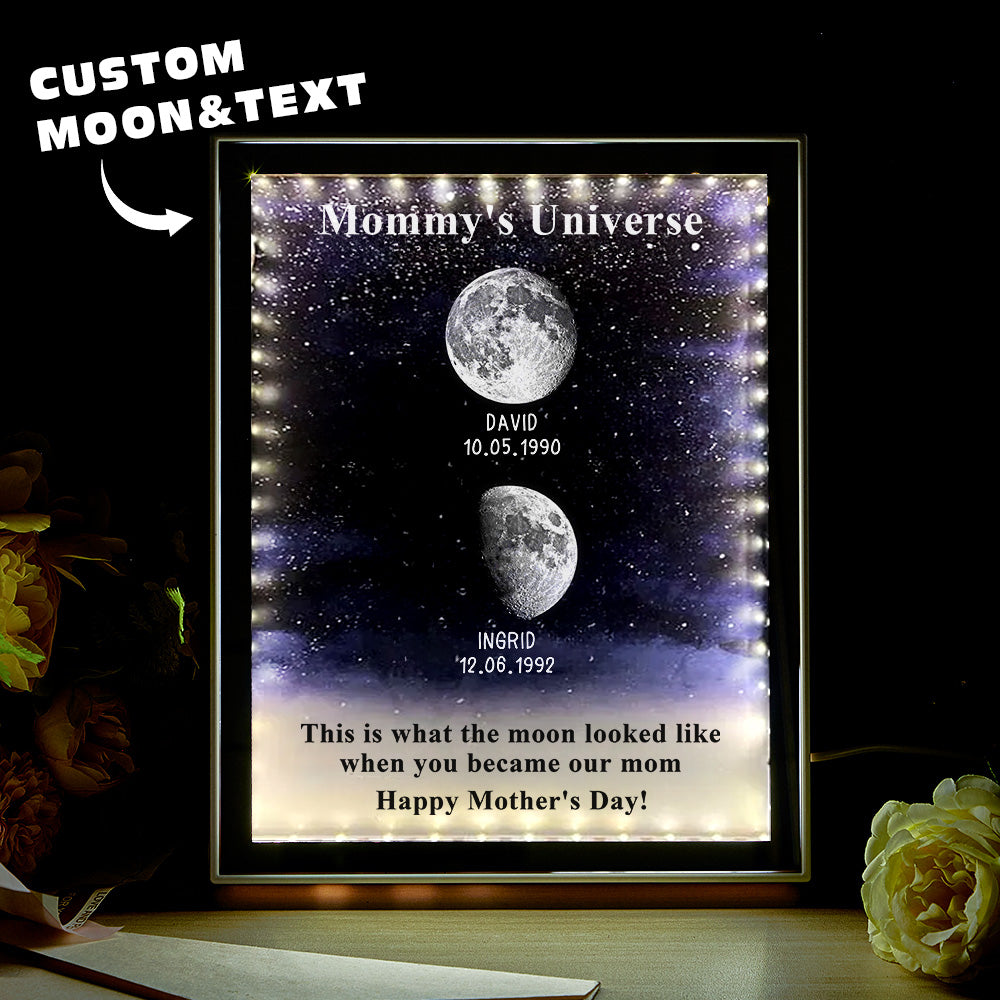 Angle shot of the Moon Phase Light Box Mirror highlighting the starry design and reflective surface