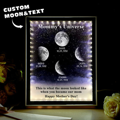 Moon Phase Light Box Mirror in premium glass with an illuminated starry night design showing the exact birth date moon phase