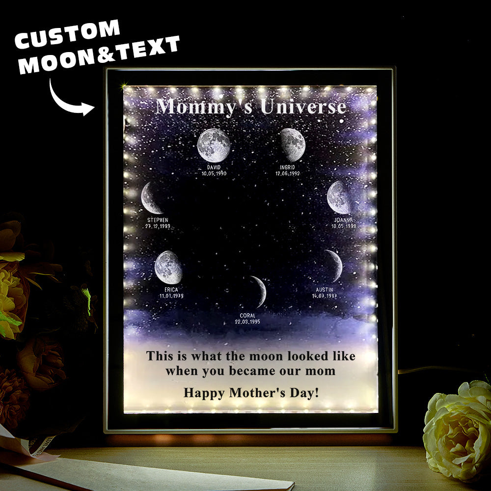 Lifestyle display of the Moon Phase Light Box Mirror in a room, adding celestial ambience
