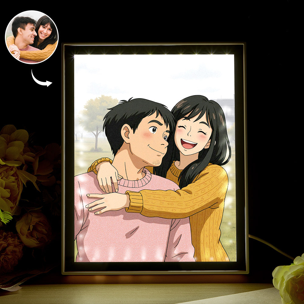 A personalised mirror night light with a customised photo in whimsical Ghibli style, softly illuminated to create a warm, dreamlike ambience.