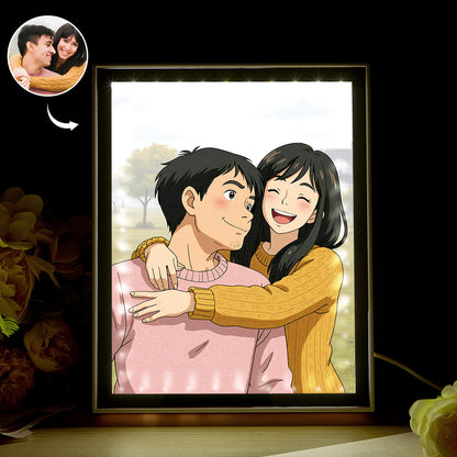 A personalised mirror night light with a customised photo in whimsical Ghibli style, softly illuminated to create a warm, dreamlike ambience.
