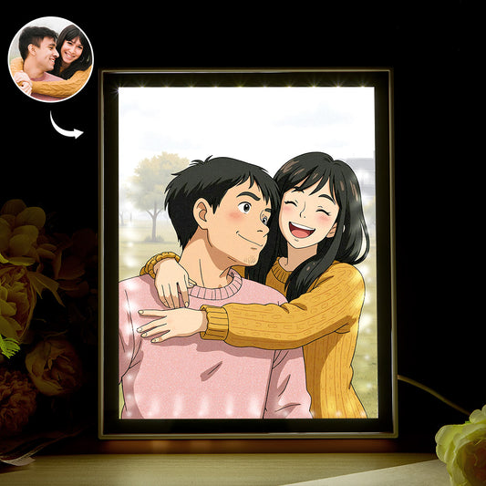 A personalised mirror night light with a customised photo in whimsical Ghibli style, softly illuminated to create a warm, dreamlike ambience.