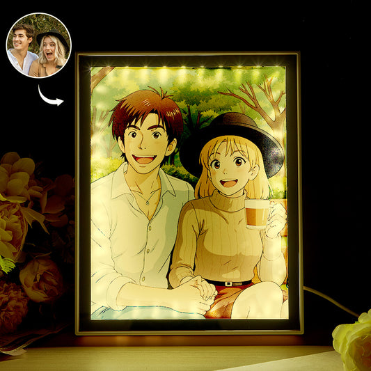 Close-up of the glass frame of the personalised lamp, emphasising the dual-frame design and space for a customised photo.