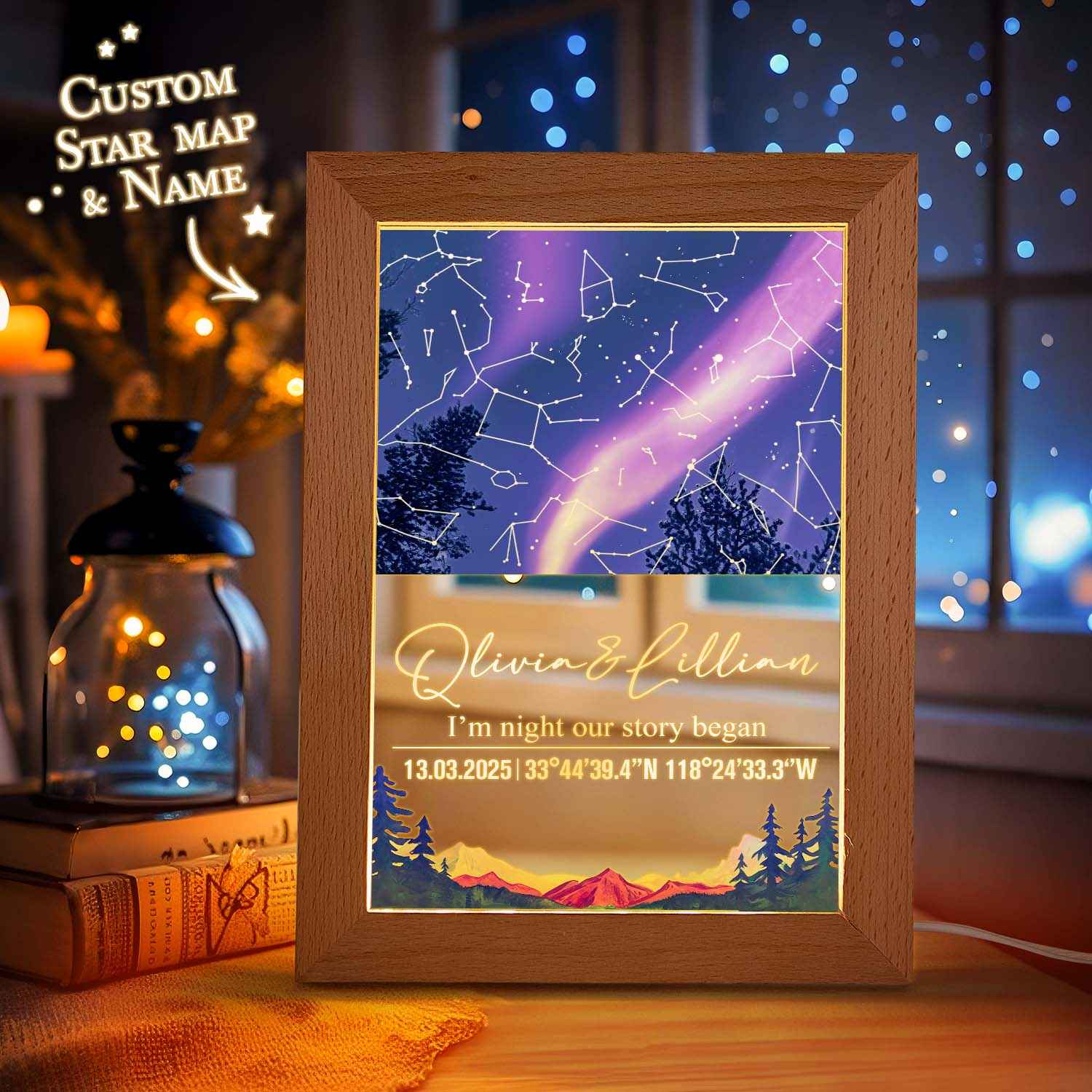 Custom Star Map Night Light Acrylic Lamp with Date Text and Wooden Base Home Decor for Valentine’s Day Anniversary Gift for Couples